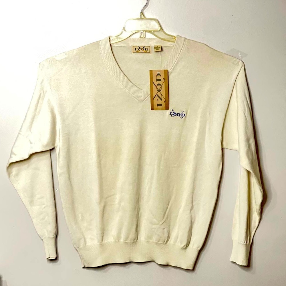 IZOD Cream Sweater, Men’s, V-neck, Sz L,‎ Gold Logo Embroidered, NWT